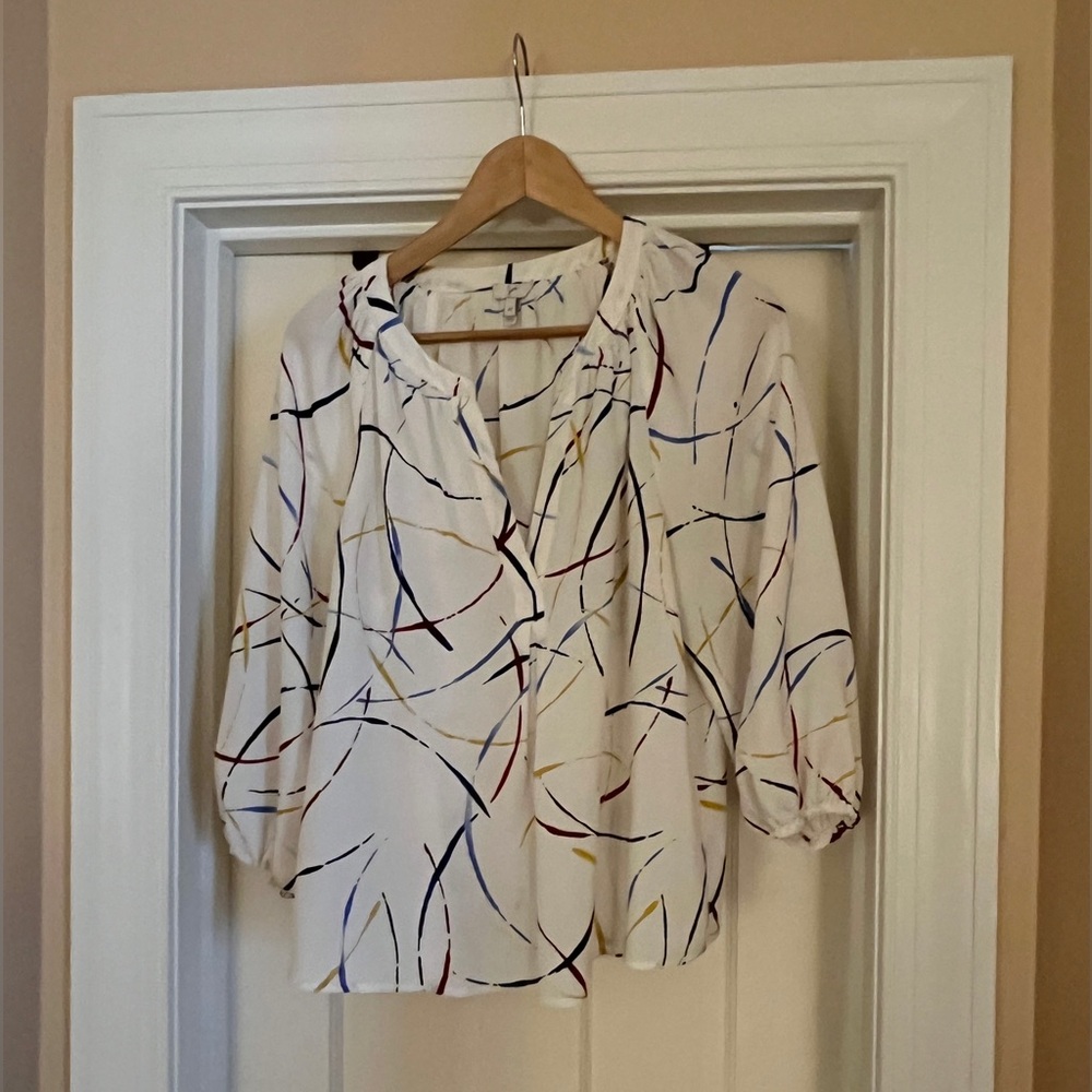 Joie Cream V-Neck Blouse with Multicolor Brushstroke Print